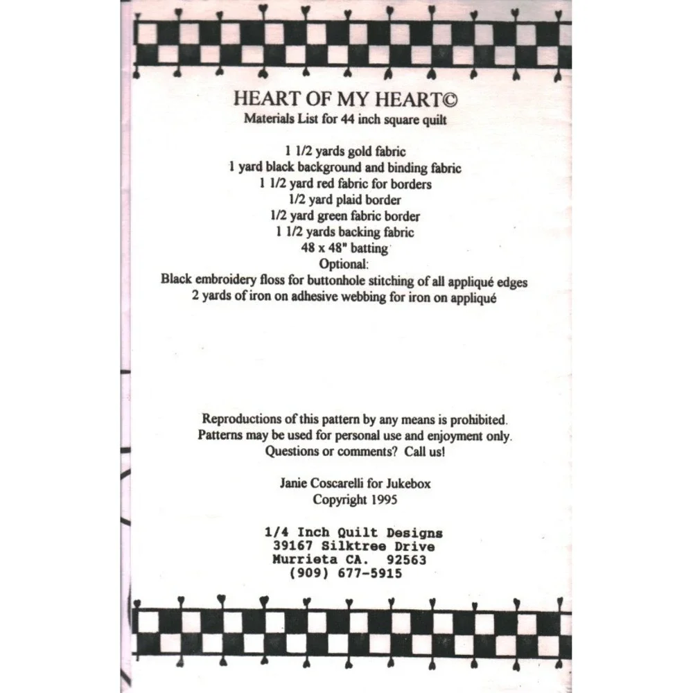 Heart of My Heart Quilt Pattern‎ Janie Coscarelli 1/4 Inch Designs Vintage 1995